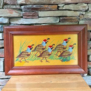 VTG Quail Needlepoint 70s Framed Columbia Minerva Framed Birds Boho Embroidery